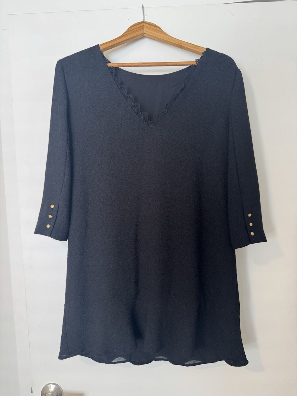 Sézane Navy V-Neck 3/4 Sleeve Sheath Knee Length Dress Polyester Size 38